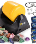 Starter Rock Tumbler Kit For Beginners with 4-stage silicon carbide grit, leakproof design, gemstones, and accessories visible.
