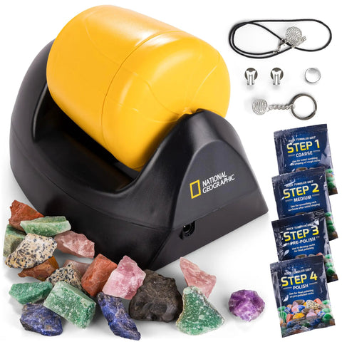 Starter Rock Tumbler Kit For Beginners with 4-stage silicon carbide grit, leakproof design, gemstones, and accessories visible.