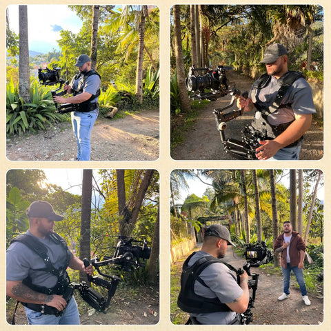 Filmmaker using Thanos Pro Gimbal Vest Stabilizer System With Adapter Arm in outdoor setting for steady filming