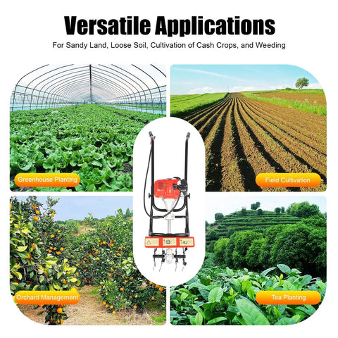 52CC Gas Powered Tiller Cultivator For Lawn And Garden displayed with applications in greenhouse, field, orchard, and tea planting.