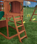 Atlantis Cedar Wood Swing Set With Wave Slide And Raised Clubhouse Featuring Rock Wall, Belt Swings, Trapeze, Balcony