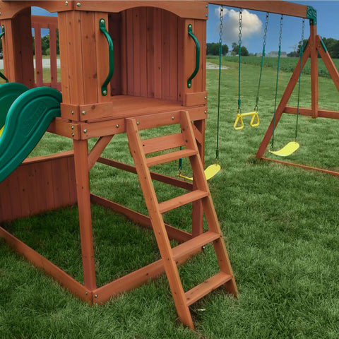 Atlantis Cedar Wood Swing Set With Wave Slide And Raised Clubhouse Featuring Rock Wall, Belt Swings, Trapeze, Balcony