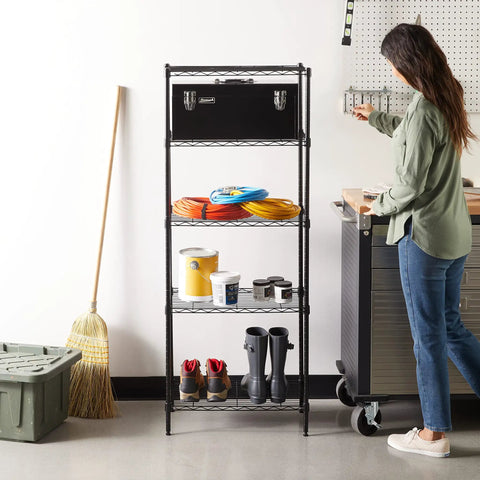 Heavy Duty Wire Shelving Rack Adjustable Five Tier Garage Storage Organizer Unit With Tool Supply Holder Black Finish Workhorse Wire Frame No Sweat Assembly For Shop Or Basement