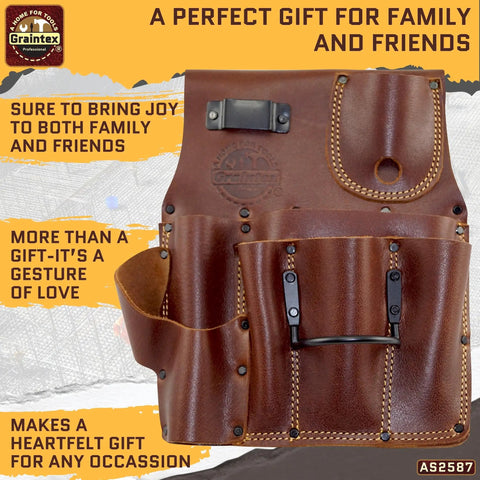 Right Handed Ambassador Series Drywall Pouch Chestnut Brown Top Grain Leather Pro Grade With One Hammer Holder Tool Belt