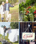 Collage of couple walking dog, colorful flower pot, woman hanging laundry, and open sign on a door