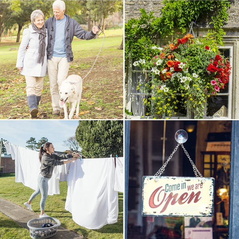 Collage of couple walking dog, colorful flower pot, woman hanging laundry, and open sign on a door