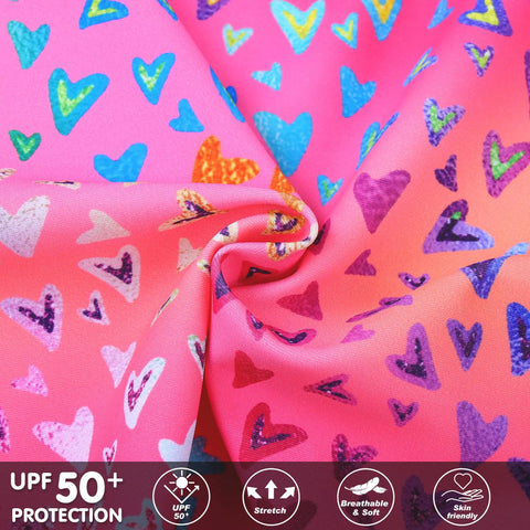 Colorful heart pattern fabric from Girls 2 Piece Long Sleeve Rash Guard Swimsuit Set With UPF 50 Plus Sun Protection Quick Dry Fabric And Four Way Stretch For Toddlers And Kids 6 Months To 8 Years Beach Day Ready For Water Fun