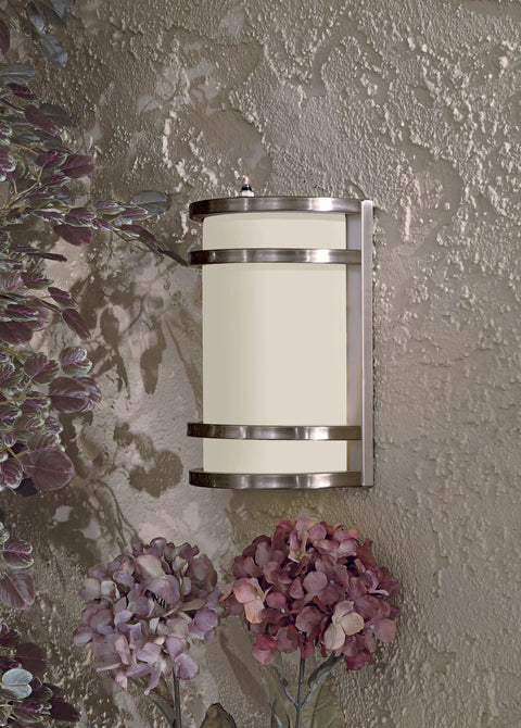 Bay View 1 Light Pocket Lantern Outdoor Light in Brushed Stainless Steel Finish mounted on wall with hydrangeas