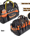 Front and back view of 16 Inch Heavy Duty Tool Bag With 34 Pockets Open Top Organizer For HVAC And Electricians, Ballistic Nylon 1680D