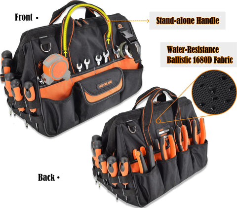 Front and back view of 16 Inch Heavy Duty Tool Bag With 34 Pockets Open Top Organizer For HVAC And Electricians, Ballistic Nylon 1680D