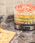 Heavy Duty 5 Tier Food Dehydrator Machine With 48 Hour Delay Timer And Easy Spin Dials with drying fruits on top.