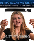 Person holding Black Full Face Shields Case Of 200 Anti Fog PET Plastic Protection with elastic headband and foam pad.