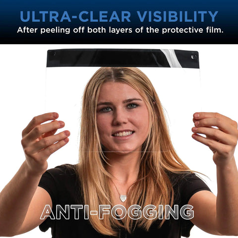 Person holding Black Full Face Shields Case Of 200 Anti Fog PET Plastic Protection with elastic headband and foam pad.