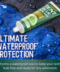 Flexible Tent Repair Glue Seam Sealer Waterproof Sealant for tents and outdoor gear, 60ml tube on wet fabric background.