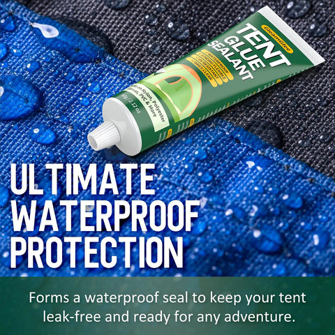 Flexible Tent Repair Glue Seam Sealer Waterproof Sealant for tents and outdoor gear, 60ml tube on wet fabric background.