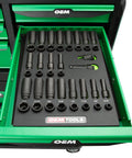 Drawer with Master 42 Piece Three Eighths Inch Drive Impact Socket Set With Shallow And Deep SAE And Metric Sockets organized in foam tray.
