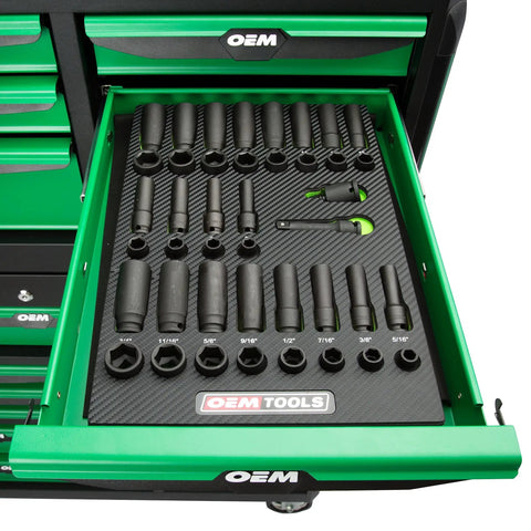 Drawer with Master 42 Piece Three Eighths Inch Drive Impact Socket Set With Shallow And Deep SAE And Metric Sockets organized in foam tray.