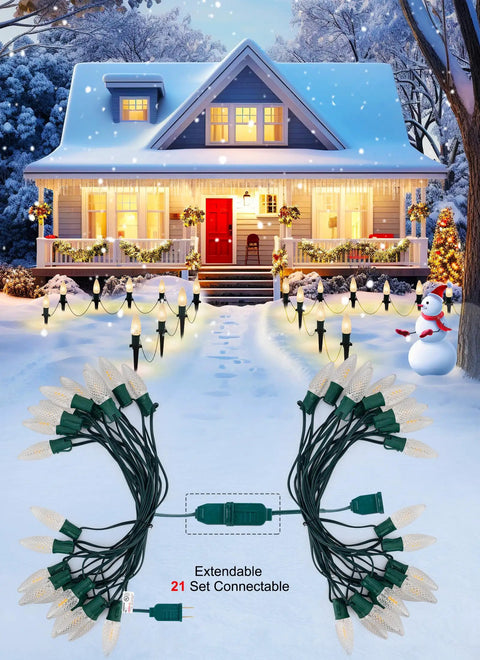 Outdoor Twenty Five Point Seven Feet 20 LED C9 Christmas String Lights With Strawberry Shell Stakes in holiday house scene