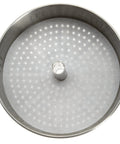 Top view of a 3.75-inch mesh paper filter in a metal percolator basket, part of Premium Disc Percolator Coffee Filters Pack of 100.