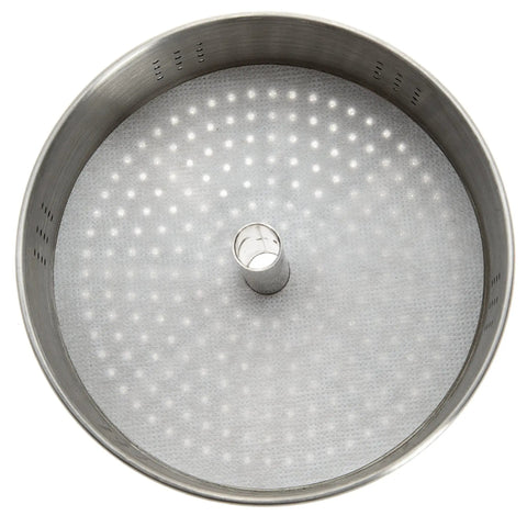 Top view of a 3.75-inch mesh paper filter in a metal percolator basket, part of Premium Disc Percolator Coffee Filters Pack of 100.