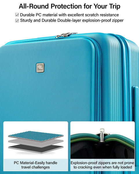 Expandable 20 Inch Carry On Luggage With Top Opening Design Caribbean Blue Hard Shell Roller Suitcase Lightweight 8.8 Lb