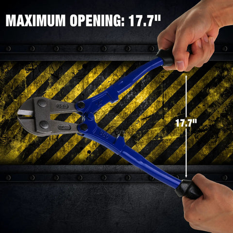 14 Inch Heavy Duty Bolt Cutter Built Tough With Ergonomic Anti Slip Handles For Cutting Locks Chains Wires And Chain Link Fences Made From T8A Steel For High Hardness And Long Lasting Performance, shown with maximum opening of 17.7 inches