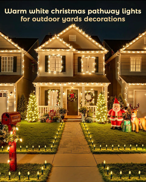 Outdoor Christmas Pathway Lights 2 Pack, 51.4 Ft Total, 40 Bulbs, illuminating a decorated yard and pathway at night.