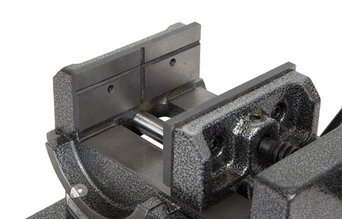 Beefy Tilting Vise For Benchtops And Drill Presses With A 4.25 Inch Jaw Opening 4.25 By 1.75 Inch Jaws Powder Coated Cast Iron Seven Tilting Stops 0 To 90 Degrees Five Half Inch Mounting Brackets For Drill Press Tables, close-up jaws
