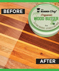 Kick Back With Premium Organic Wood Butter 5oz Game Changer Conditioner Cream on a cutting board showing before and after results.