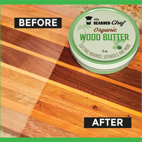 Kick Back With Premium Organic Wood Butter 5oz Game Changer Conditioner Cream on a cutting board showing before and after results.