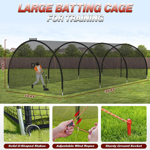 Backyard Batting Cage 30x10x10 Ft With Zipper Door 4 Ply Anti Tear Netting Sturdy Steel Frame shown in garden setup