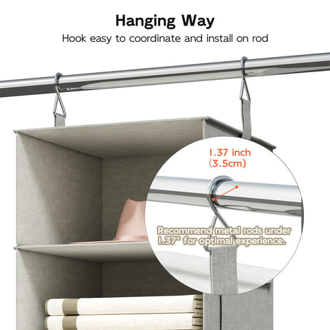 Close-up of 6 Shelf Hanging Closet Organizer With 3 Removable Fabric Drawers attached to a rod, showing hook details.