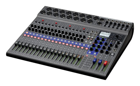 Top view of the LiveTrak L-20 Mixer And Multitrack Recorder for musicians with 20 inputs and 22 tracks at 24-bit 96kHz.