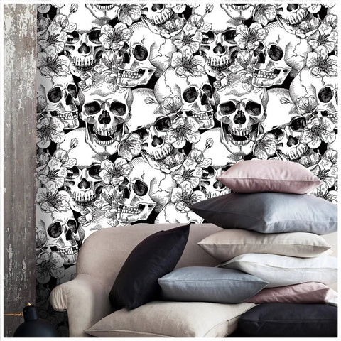 Dope Gothic Peel And Stick Wallpaper With Sugar Skull Floral Pattern For Bedroom In Black And White Removable Accent Wall Decor