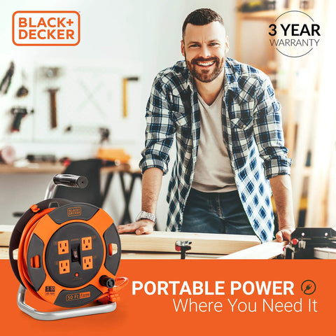 Man in workshop with Heavy Duty 50 Ft Retractable Extension Cord Reel With 4 Outlets, Easy Rewind Handle, ideal for DIY projects