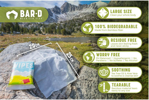 Biodegradable Body Wipes With Tea Tree Oil And Aloe Vera On The Go Fresh Wipes for Camping Hiking Post Workout And Travel displayed outdoors