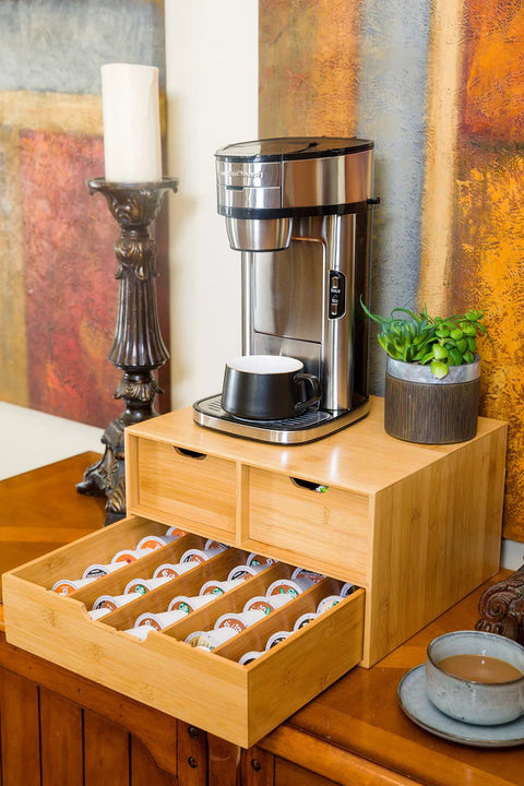 Extra Large Bamboo K Cup Holder And 2 Tier Counter Organizer Drawer With Sliding Design Space Saving Coffee pod storage
