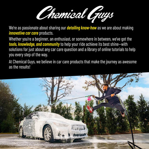 Man washing a car with a foam cannon, demonstrating Chemical Guys detailing products in action.