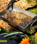 Person using Wide Soil Sifter for Garden and Landscaping 17.5 by 11.5 Inch Mesh Sieve with 1/4 Inch Holes filled with soil