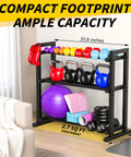 Three Tier Adjustable Dumbbell Rack For Home Gym Storage Heavy Duty Weight Stand with dumbbells and kettlebells displayed