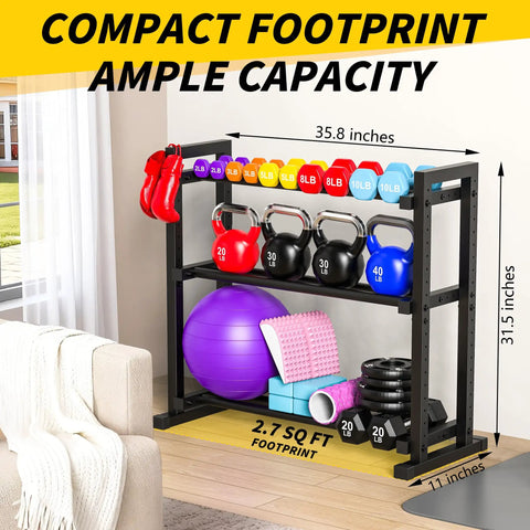 Three Tier Adjustable Dumbbell Rack For Home Gym Storage Heavy Duty Weight Stand with dumbbells and kettlebells displayed