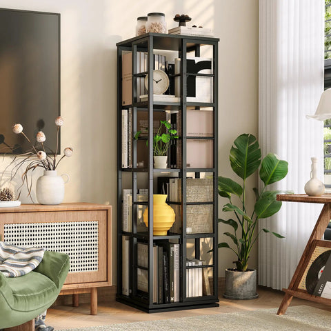 4 Tier 360 Degree Rotating Corner Bookshelf With Industrial Metal Frame And Spinning Storage Shelf Tall 54 Inch Tower