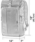 Roll Top 30L Camera Backpack With Laptop Sleeve And Rain Cover Asphalt Black front view dimensions shown