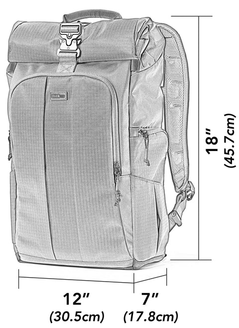 Roll Top 30L Camera Backpack With Laptop Sleeve And Rain Cover Asphalt Black front view dimensions shown