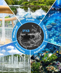 Diagram showing Heavy Duty 1320 GPH Pond Fountain Pump Kit For Outdoors with IPX8 waterproof features for ponds, aquariums.