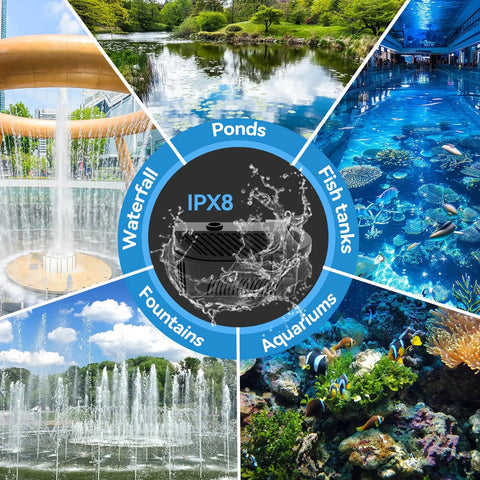 Collage showcasing uses of 1320 GPH Heavy Duty Pond Fountain Pump With RGB LED Lights, IPX8 rated for aquariums, ponds, waterfalls.