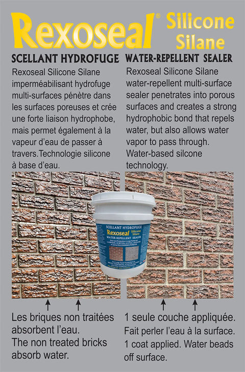 Heavy Duty Brick And Concrete Sealer With Silicone Silane Formula For Knockout Water Repellency On All Porous Masonry in 5 Gallon container on brick wall.