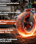 Heavy Duty Gate Wheel For Fences And Farm Gates, 8 Inch Wheel With 360 Degree Rotation, Spring Loaded Caster Supports Up To 600 Lbs, Dual Mount For Metal Tubes Or Wooden Gates shown with glowing heat effect on industrial solid rubber tire.