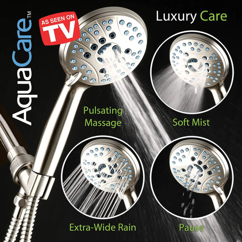 High Pressure Handheld Shower Head With 8 Modes And Anti Clog Nozzles, Built In Power Wash; includes water flow demonstrations.