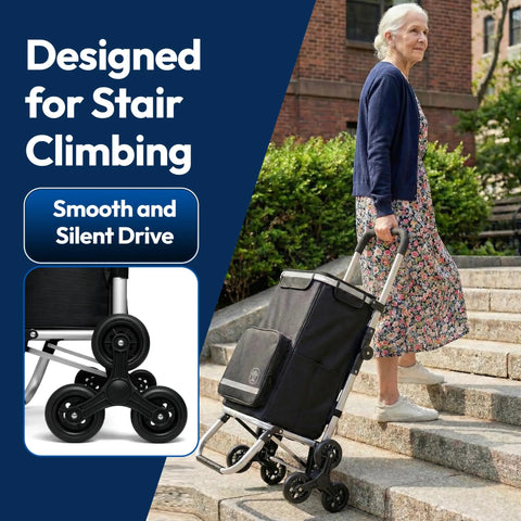 Foldable Stair Climbing Shopping Cart With Wheels For Groceries And Laundry used by woman on stairs